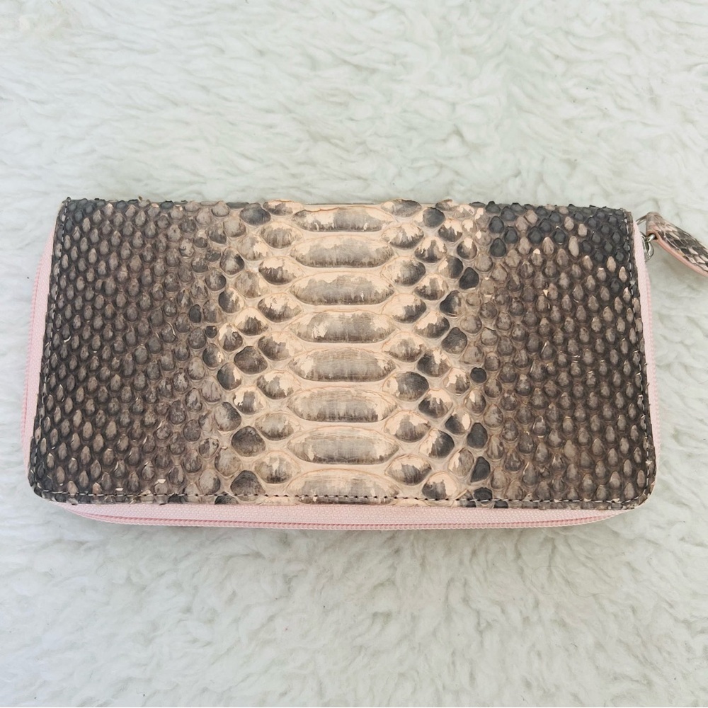 Genuine Python Snake Skin Leather Pink/ Black/Gray Zip Around Long Wallet